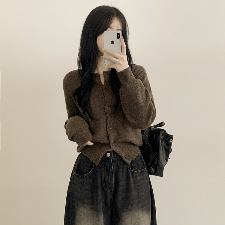 ラウンドセミクロップニットカーディガン(10color) BROWN