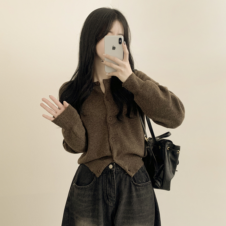 ラウンドセミクロップニットカーディガン(10color) BROWN