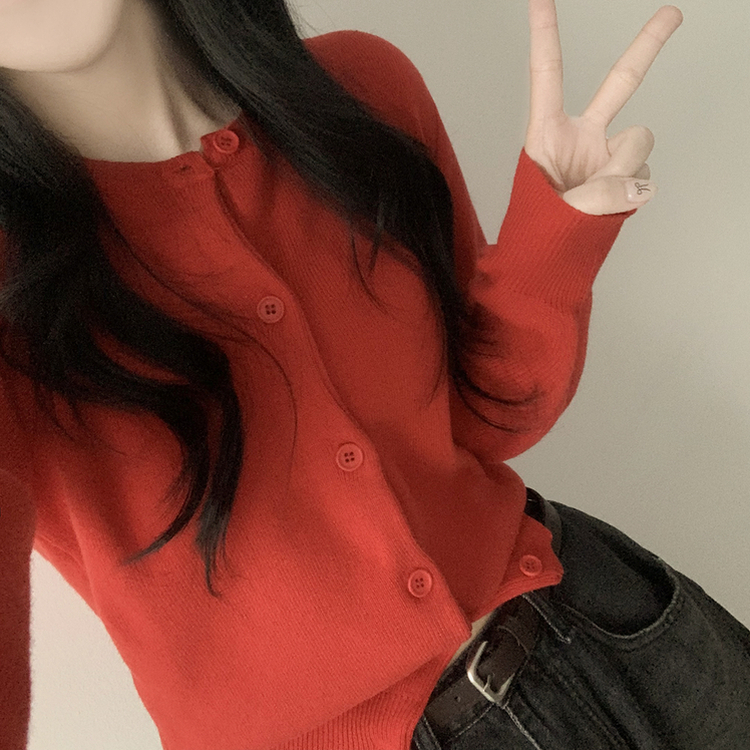 ラウンドセミクロップニットカーディガン(10color) red
