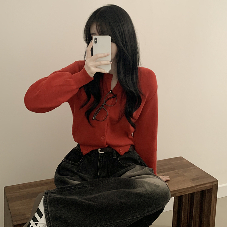 기본가디건 라운드 세미크롭 아방핏 니트가디건 레드