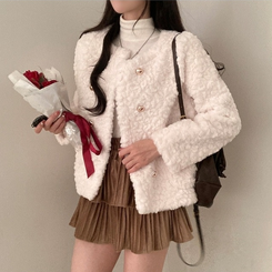 원더랜드 더블 금장 버튼 뽀글이 논카라 퍼 자켓 화이트