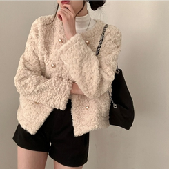 원더랜드 더블 금장 버튼 뽀글이 논카라 퍼 자켓 베이지