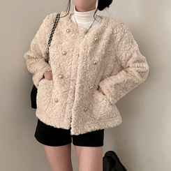 원더랜드 더블 금장 버튼 뽀글이 논카라 퍼 자켓 베이지