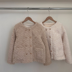 원더랜드 더블 금장 버튼 뽀글이 논카라 퍼 자켓