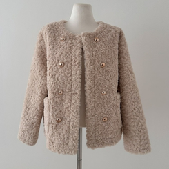 원더랜드 더블 금장 버튼 뽀글이 논카라 퍼 자켓