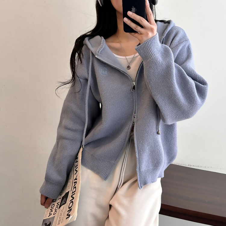 フードニットジップアップカーディガン(5color) SKY BLUE