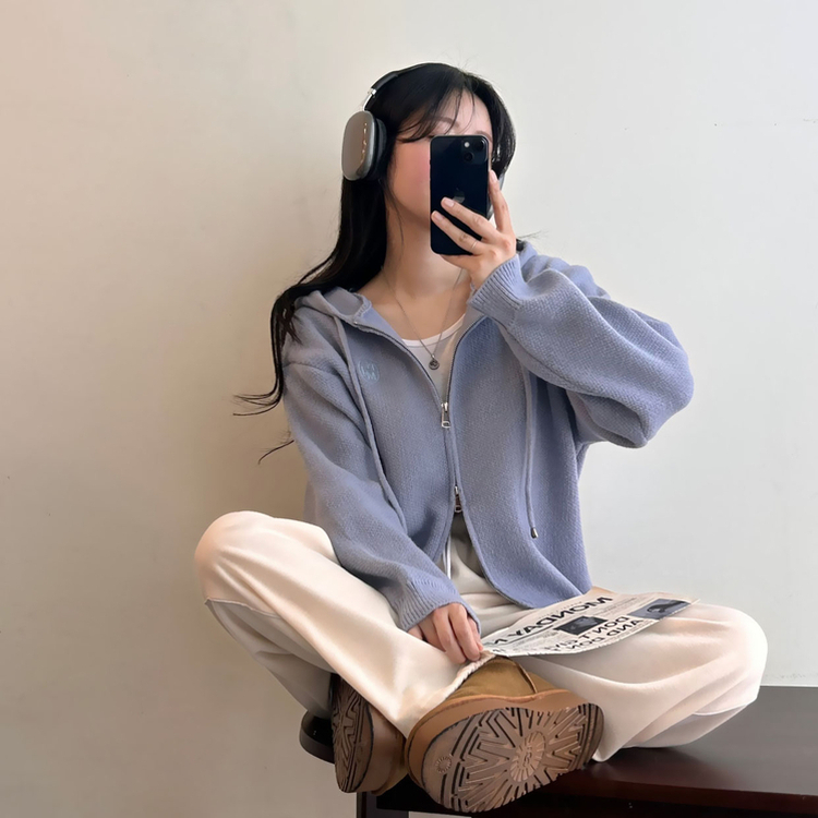 フードニットジップアップカーディガン(5color) SKY BLUE