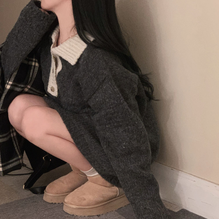 クリーミーバイカラーカラーニットワンピース｜ミニワンピース