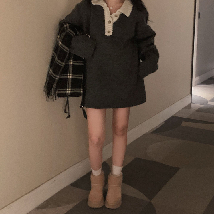 クリーミーバイカラーカラーニットワンピース｜ミニワンピース