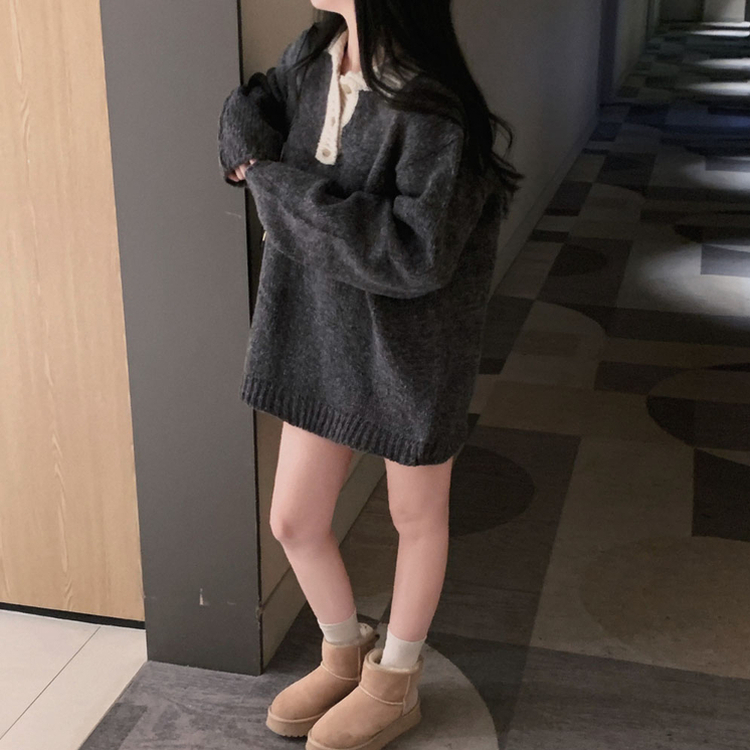 크리미 배색 카라 도톰 아방핏 고퀄리티 니트 원피스 차콜