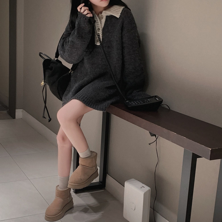 크리미 배색 카라 도톰 아방핏 고퀄리티 니트 원피스 차콜