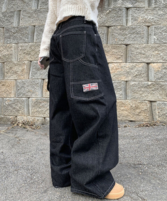 지안 허리 스트링 와이드핏 유니언잭 스티치 패치 롱 데님팬츠 미드나잇블랙