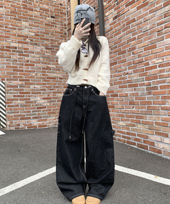 지안 허리 스트링 와이드핏 유니언잭 스티치 패치 롱 데님팬츠 미드나잇블랙