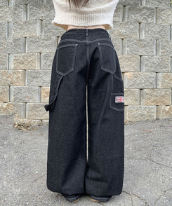 지안 허리 스트링 와이드핏 유니언잭 스티치 패치 롱 데님팬츠 미드나잇블랙