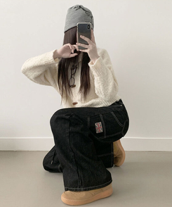 지안 허리 스트링 와이드핏 유니언잭 스티치 패치 롱 데님팬츠 미드나잇블랙