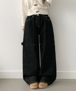 지안 허리 스트링 와이드핏 유니언잭 스티치 패치 롱 데님팬츠 미드나잇블랙