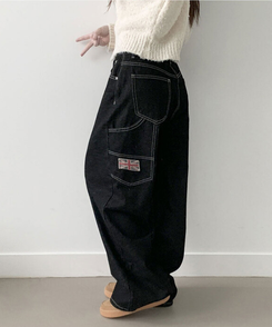 지안 허리 스트링 와이드핏 유니언잭 스티치 패치 롱 데님팬츠 미드나잇블랙