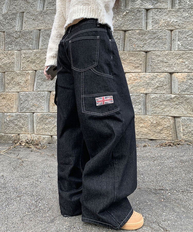 지안 허리 스트링 와이드핏 유니언잭 스티치 패치 롱 데님팬츠 미드나잇블랙