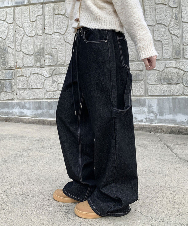 지안 허리 스트링 와이드핏 유니언잭 스티치 패치 롱 데님팬츠 미드나잇블랙