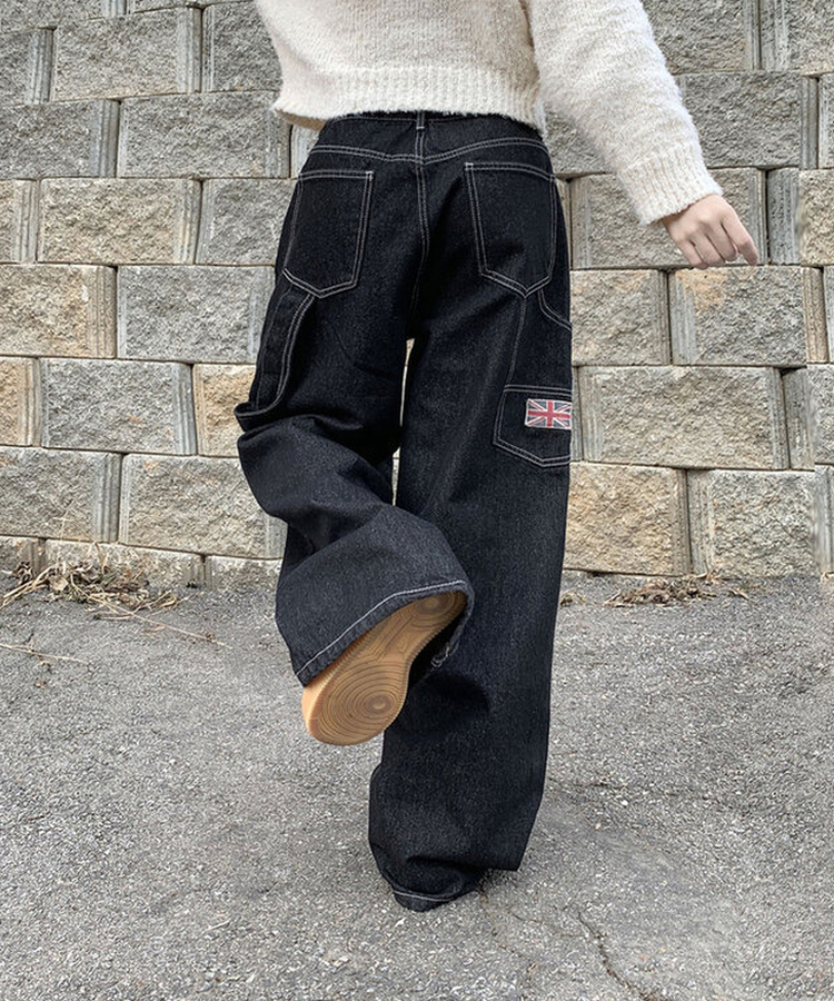 지안 허리 스트링 와이드핏 유니언잭 스티치 패치 롱 데님팬츠 미드나잇블랙
