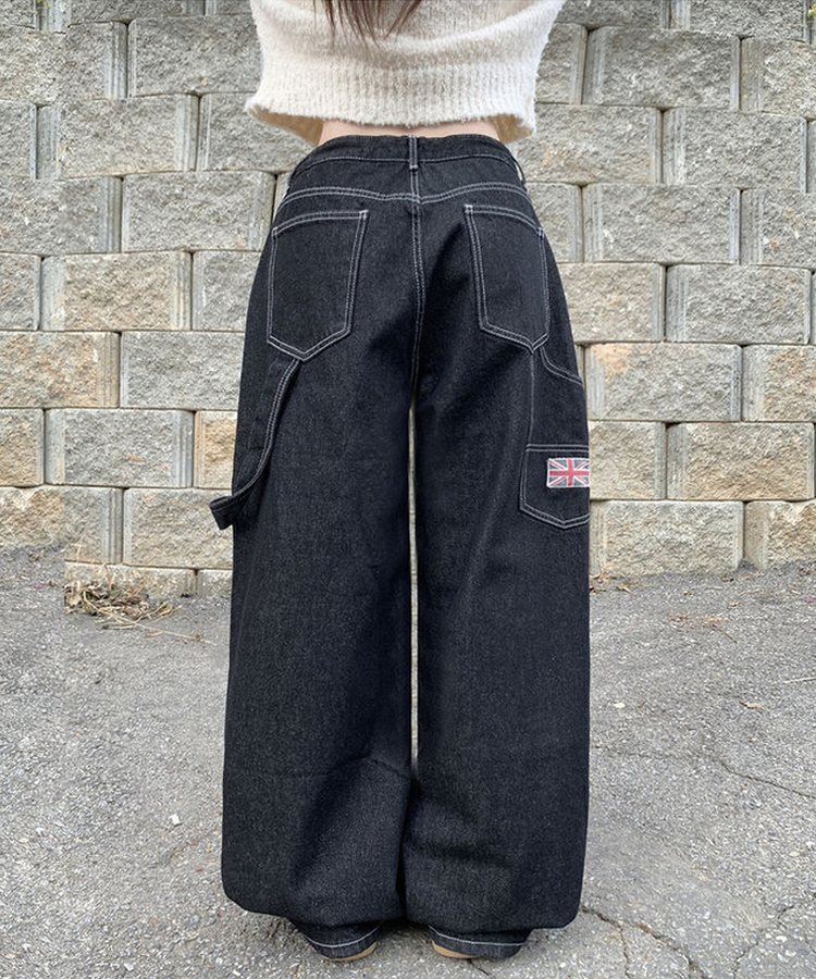 지안 허리 스트링 와이드핏 유니언잭 스티치 패치 롱 데님팬츠 미드나잇블랙