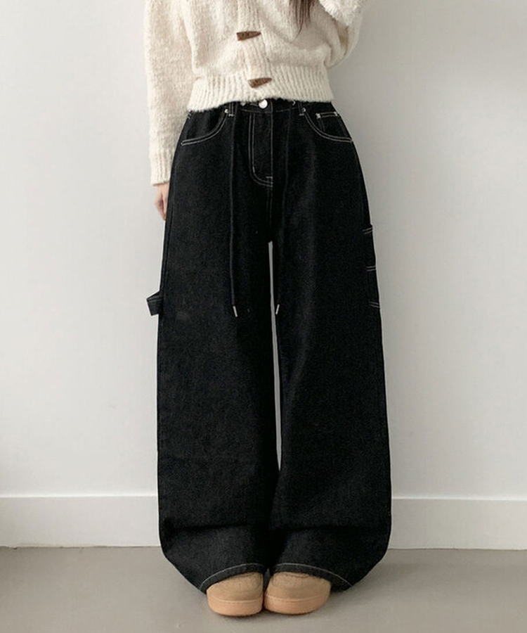 지안 허리 스트링 와이드핏 유니언잭 스티치 패치 롱 데님팬츠 미드나잇블랙