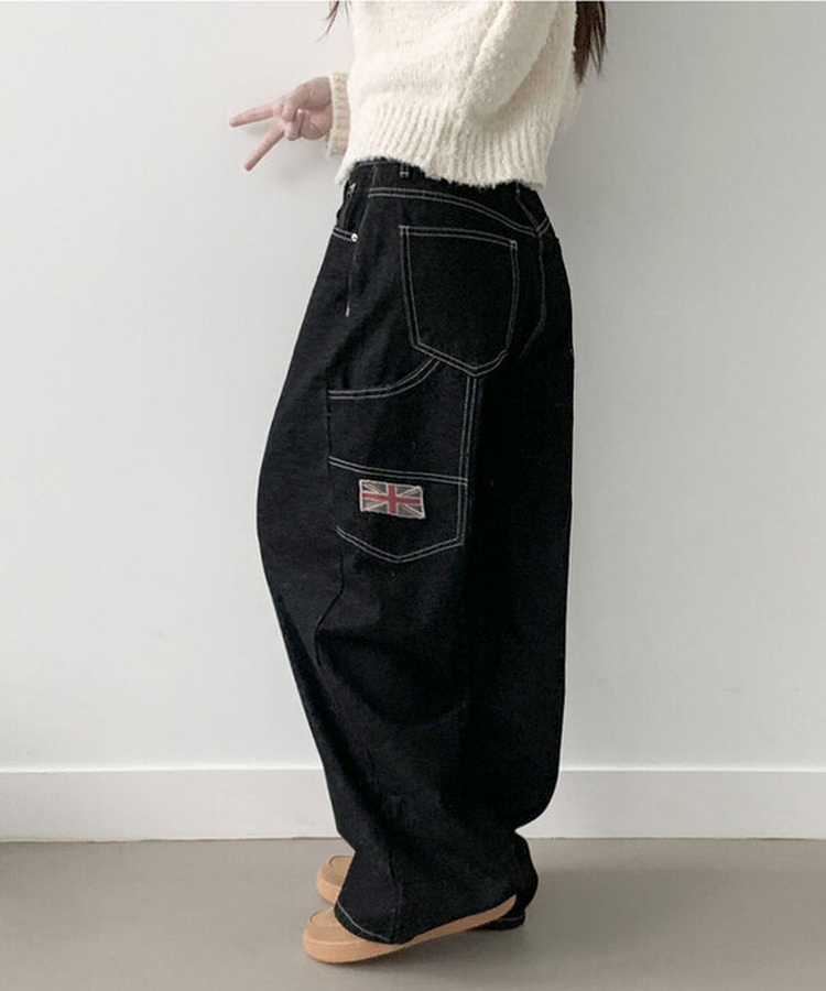 지안 허리 스트링 와이드핏 유니언잭 스티치 패치 롱 데님팬츠 미드나잇블랙