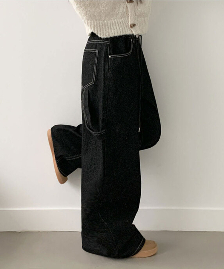 지안 허리 스트링 와이드핏 유니언잭 스티치 패치 롱 데님팬츠 미드나잇블랙