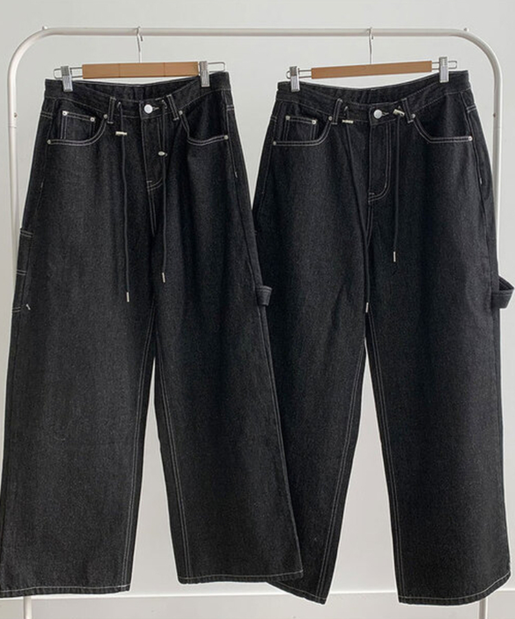 지안 허리 스트링 와이드핏 유니언잭 스티치 패치 롱 데님팬츠