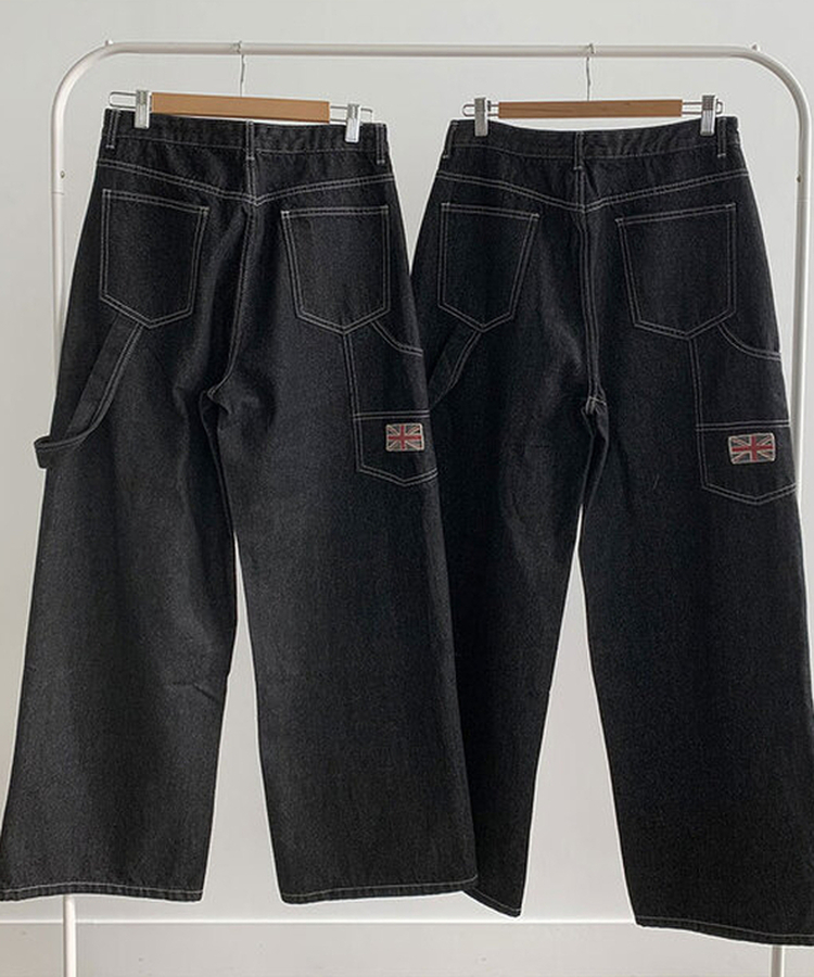 지안 허리 스트링 와이드핏 유니언잭 스티치 패치 롱 데님팬츠