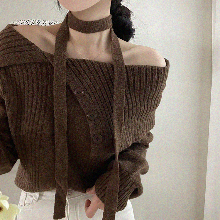 【タイ付き】オフショルダーニット CHESTNUT BROWN