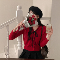 패리스 배색 끈 리본 가디건 니트 레드