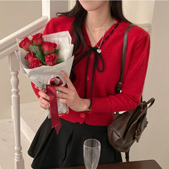 패리스 배색 끈 리본 가디건 니트 레드