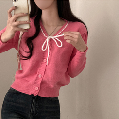 패리스 배색 끈 리본 가디건 니트 핑크