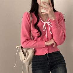 패리스 배색 끈 리본 가디건 니트 핑크