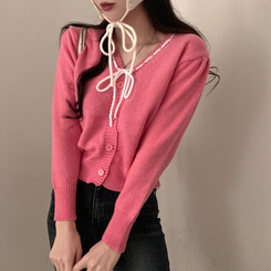 패리스 배색 끈 리본 가디건 니트 핑크