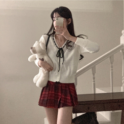 패리스 배색 끈 리본 가디건 니트 아이보리