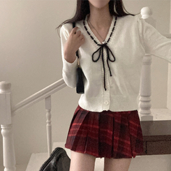 패리스 배색 끈 리본 가디건 니트 아이보리