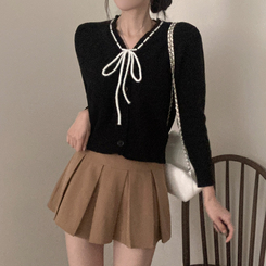 패리스 배색 끈 리본 가디건 니트 블랙