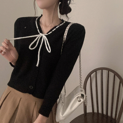 패리스 배색 끈 리본 가디건 니트 블랙