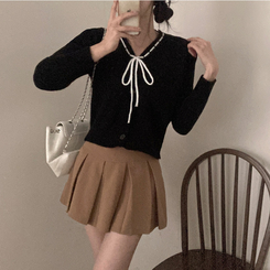 패리스 배색 끈 리본 가디건 니트 블랙