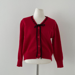 패리스 배색 끈 리본 가디건 니트