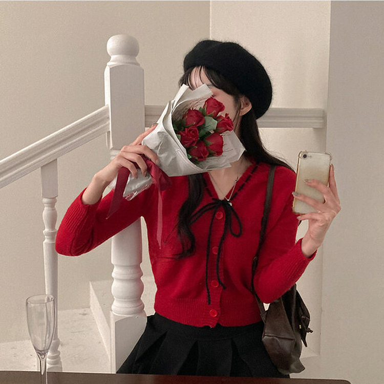 패리스 배색 끈 리본 가디건 니트 레드