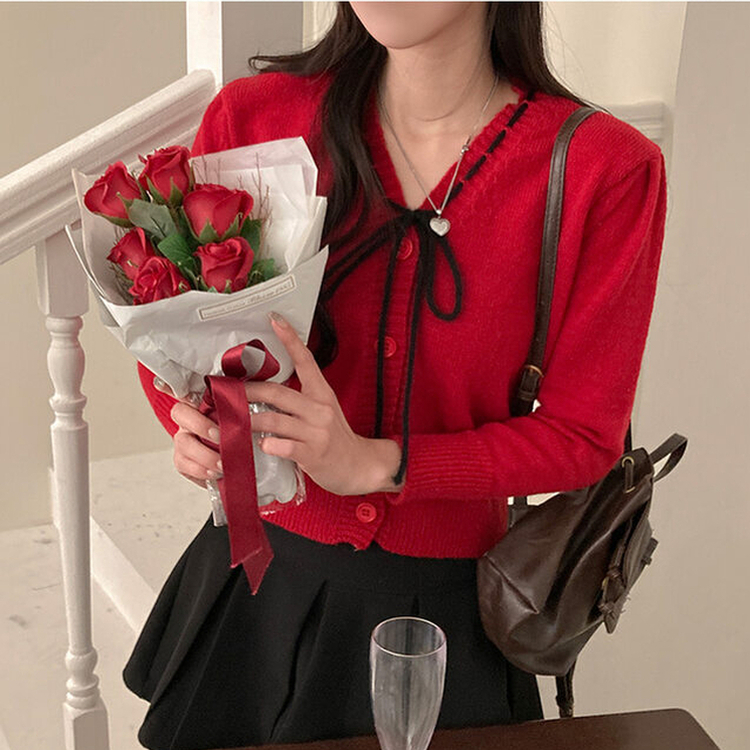 패리스 배색 끈 리본 가디건 니트 레드