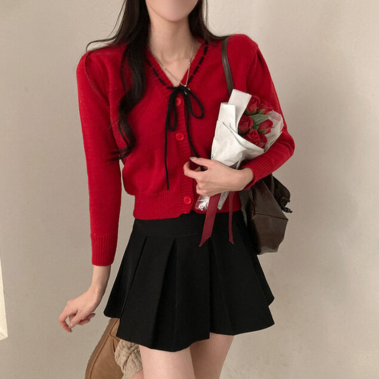 패리스 배색 끈 리본 가디건 니트 레드