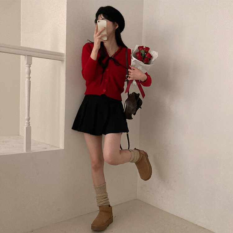 패리스 배색 끈 리본 가디건 니트 레드