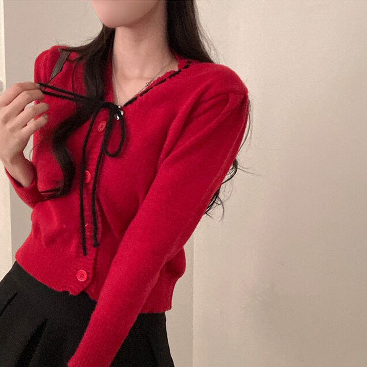 패리스 배색 끈 리본 가디건 니트 레드