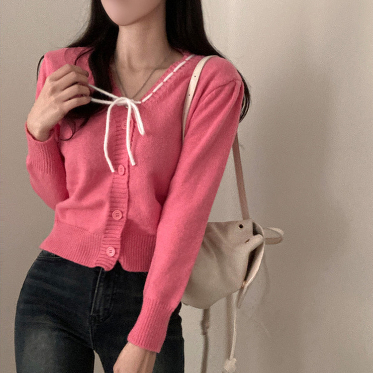 패리스 배색 끈 리본 가디건 니트 핑크