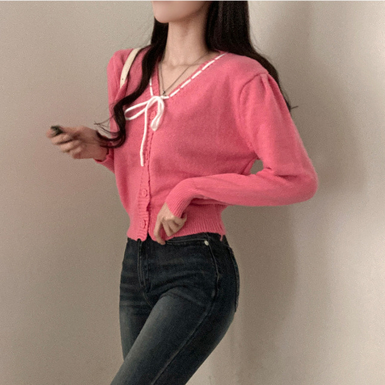 패리스 배색 끈 리본 가디건 니트 핑크