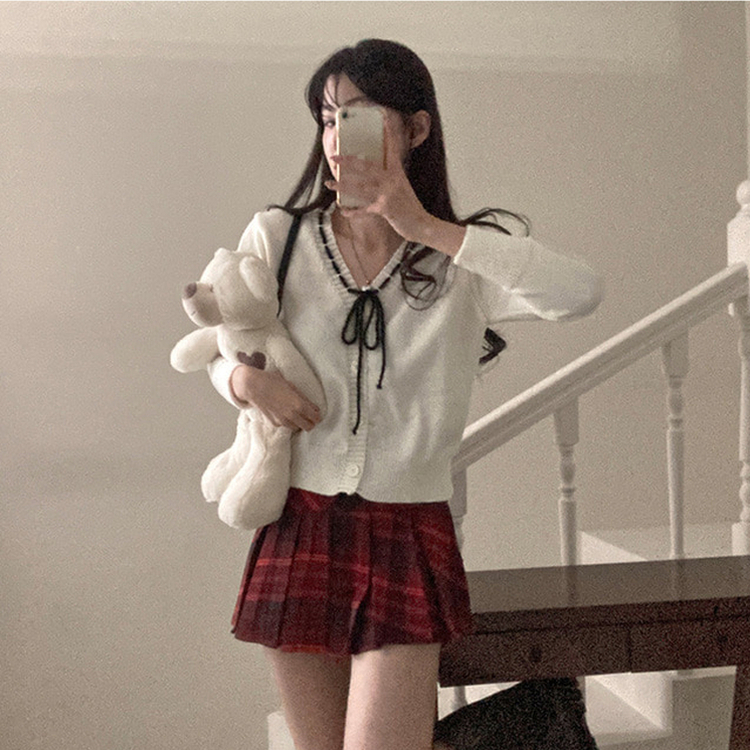 패리스 배색 끈 리본 가디건 니트 아이보리